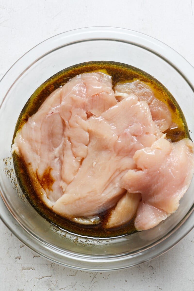 Chicken in marinade sauce.