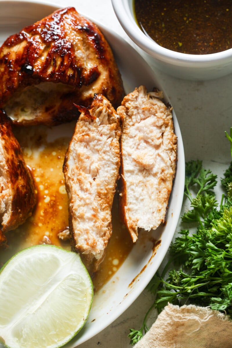 Slice of chicken on plate.