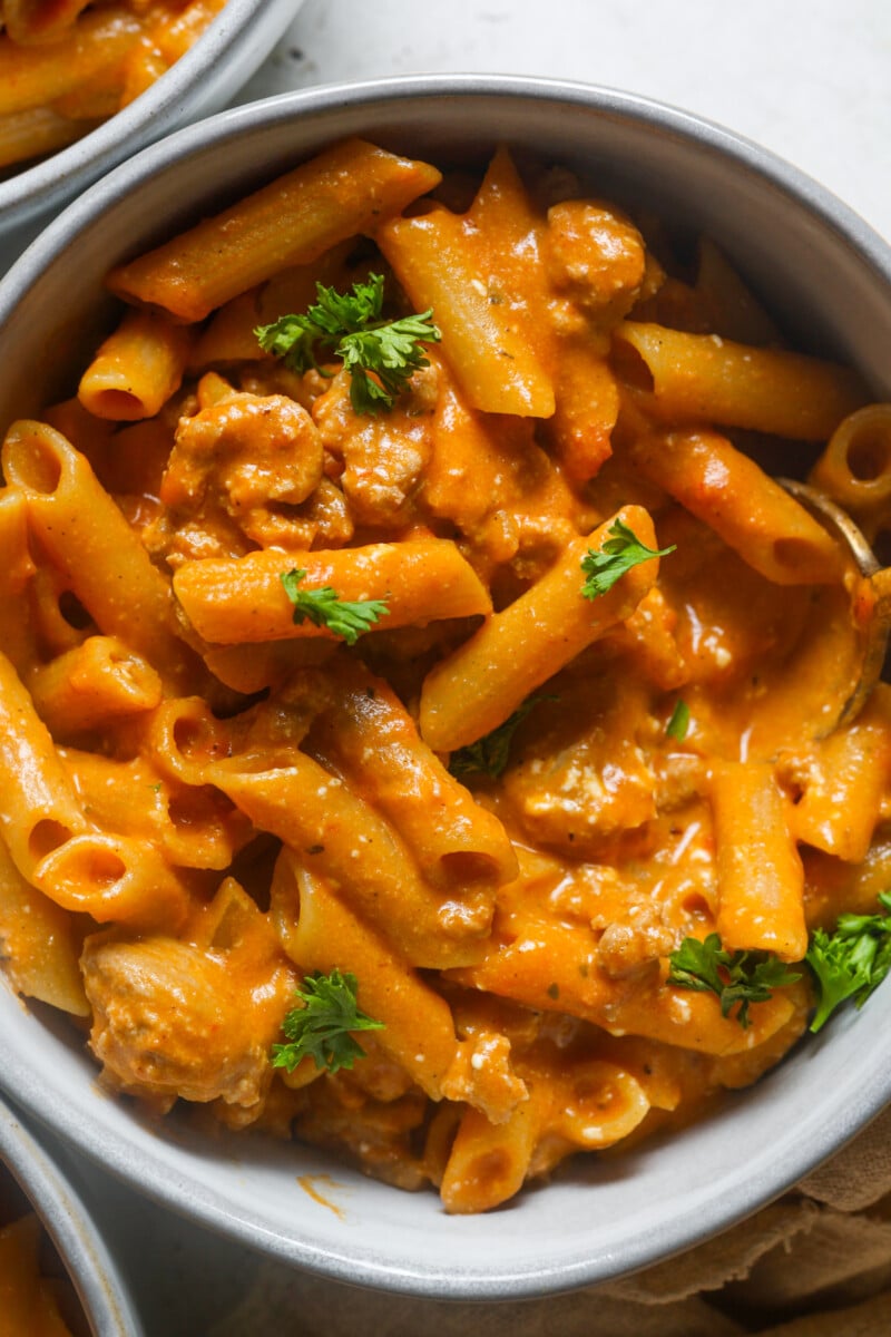 Bowl of meat and pasta.