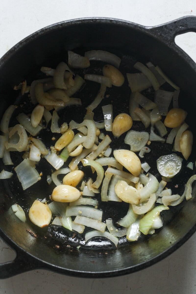 Onions and garlic in skillet.