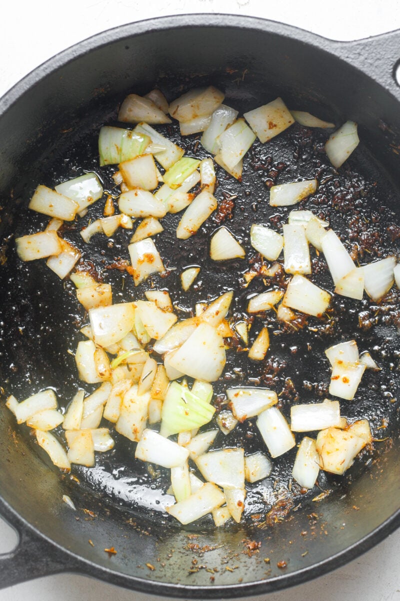 Chopped onions in skillet.