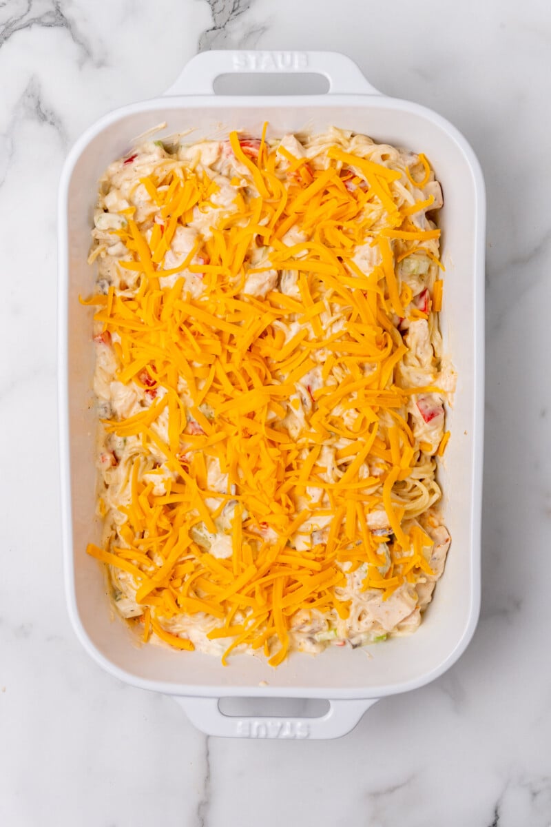 Cheese on top of casserole.