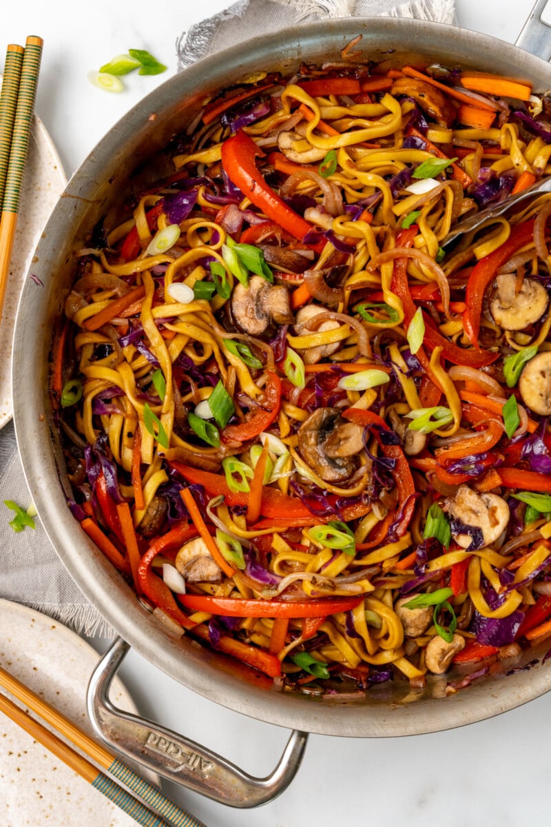 Skillet with homemade lo mein.