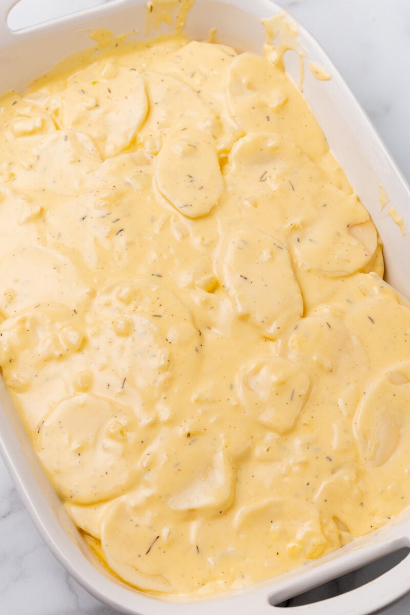 Creamy potatoes in a pan.