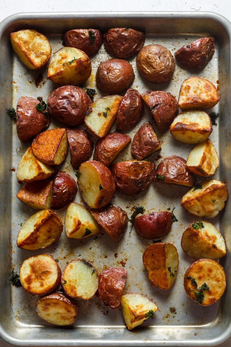 Baked crispy starch on pan.