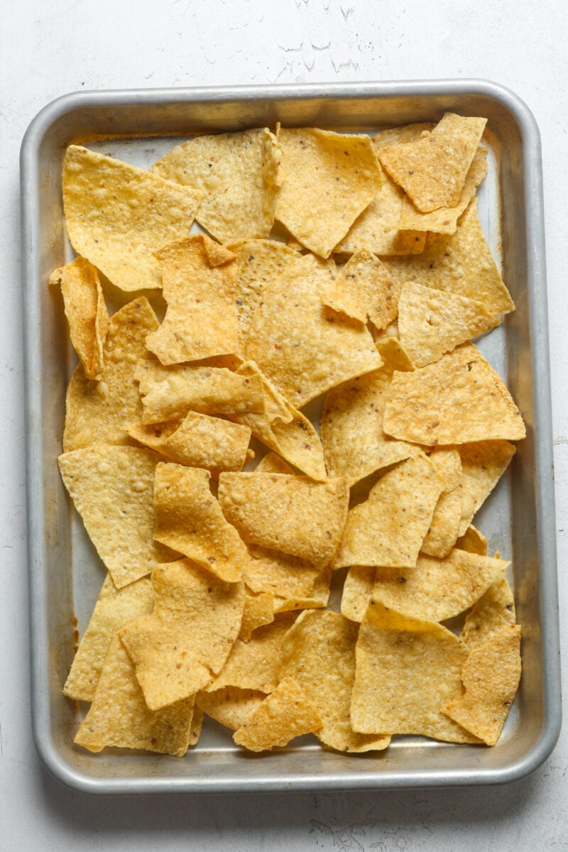 Tortilla chips on pan.