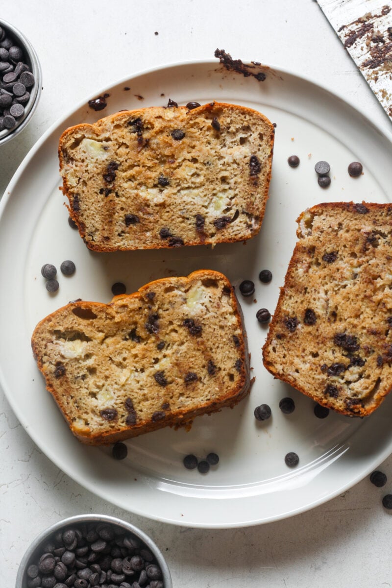 Plate with chocolate chip bread.