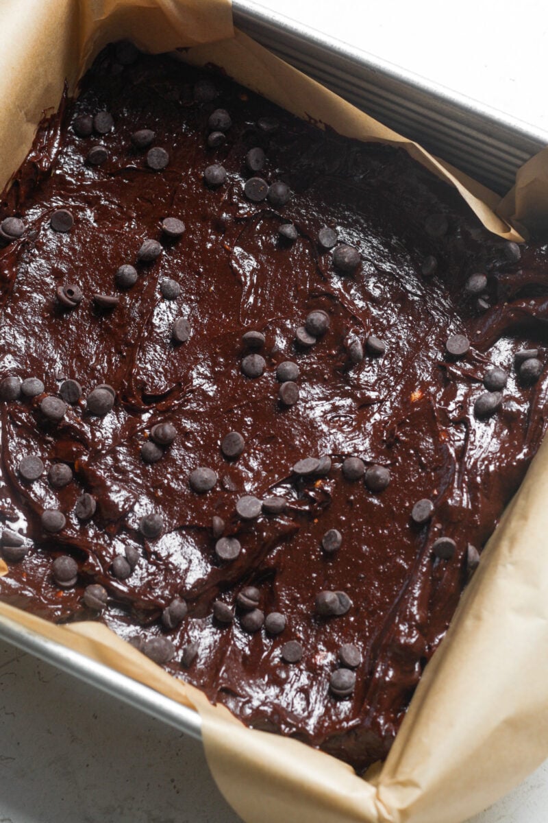 Pan of healthy brownie batter.