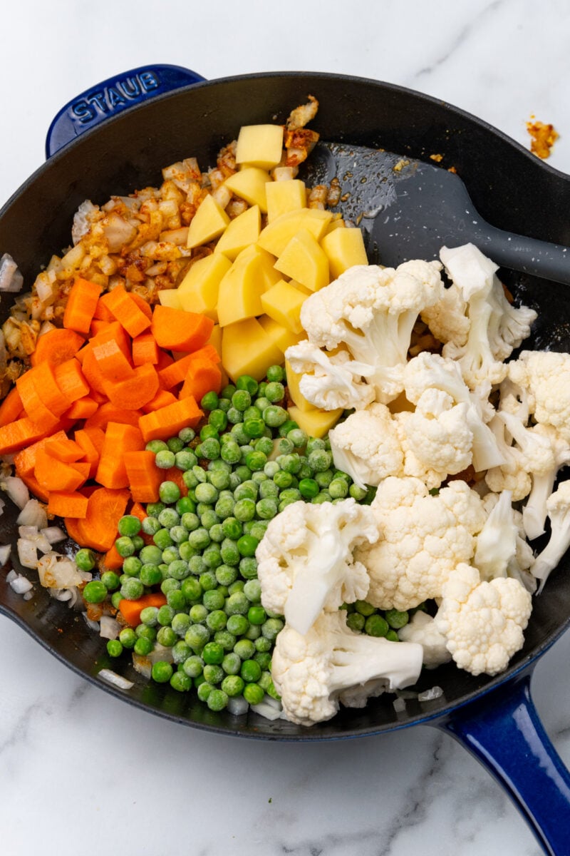 Vegetables in skillet.