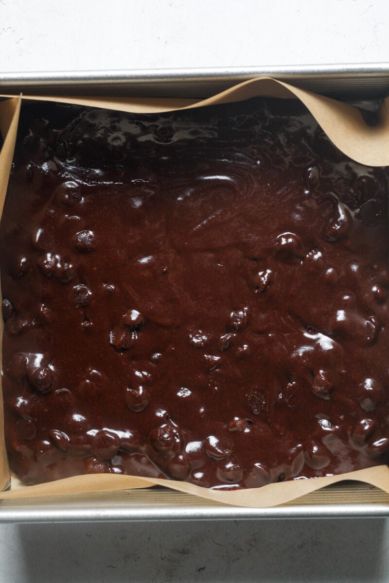 Square pan with batter.
