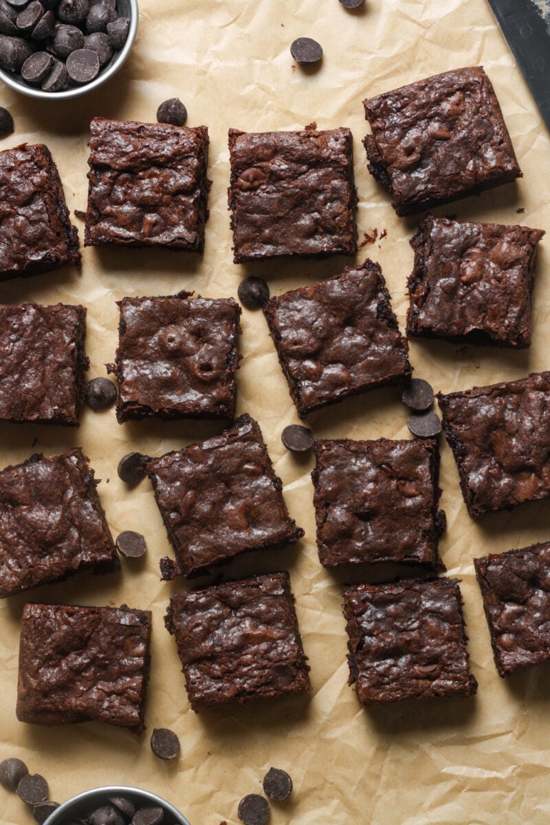 Squares of baked brownies.