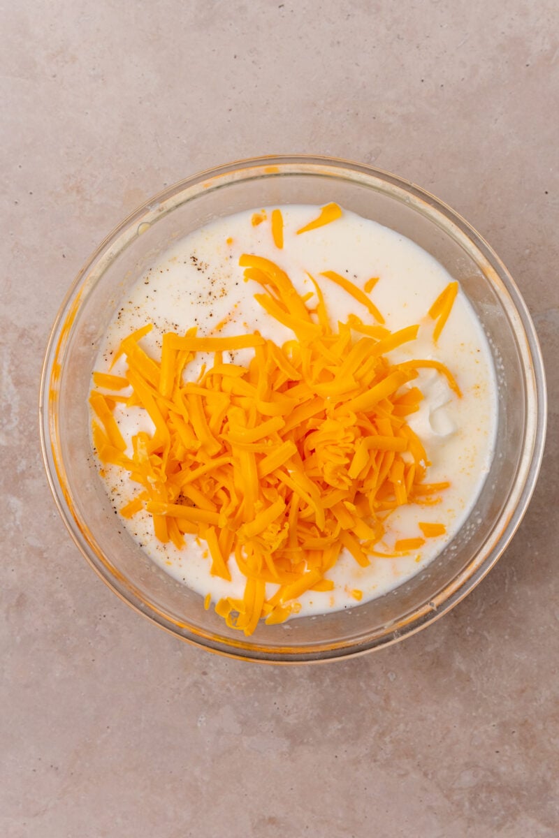 Milk and cheese in bowl.