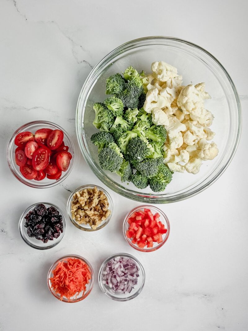 Ingredients for broccoli cauliflower salad.