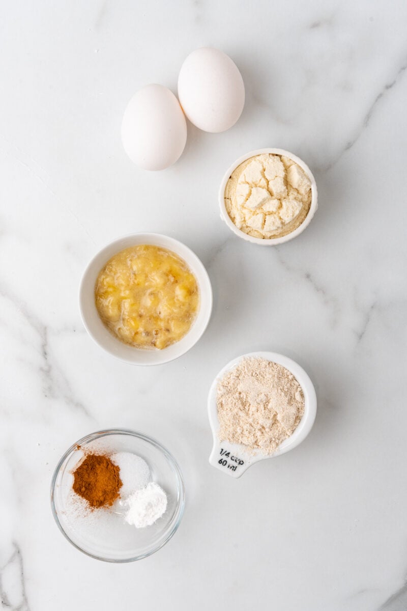 Ingredients for banana protein pancakes.