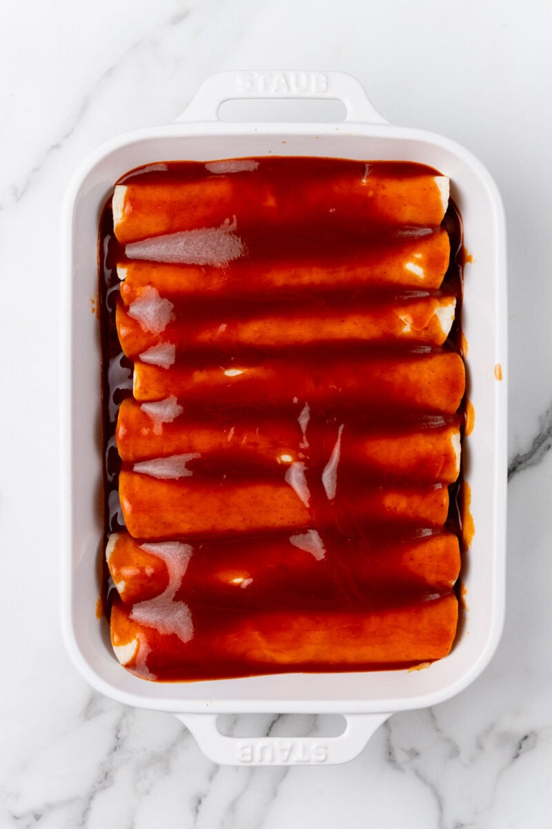 Enchilada sauce with tortillas.