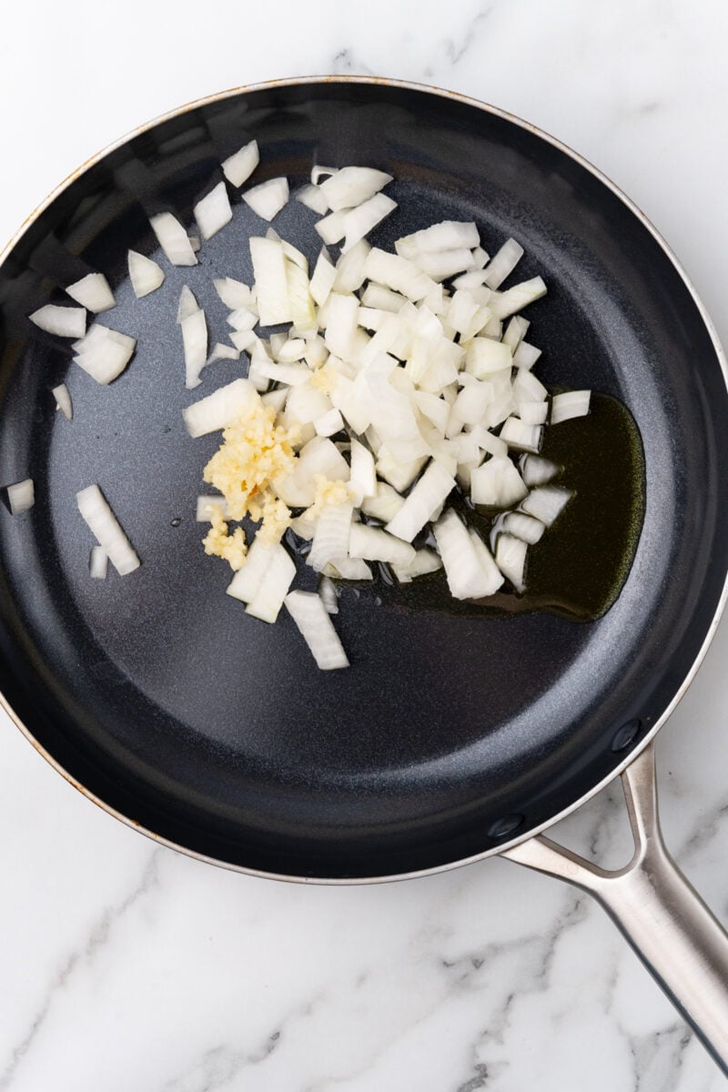 Diced onions in skillet.