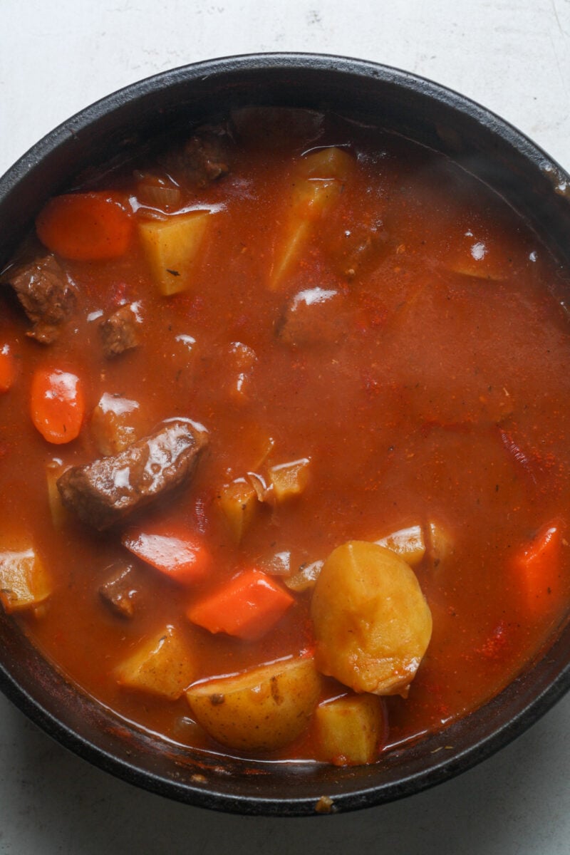Cozy stew in skillet.