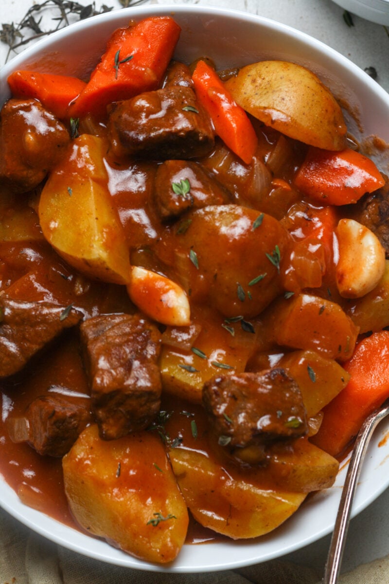 Veggies and beef in bowl.
