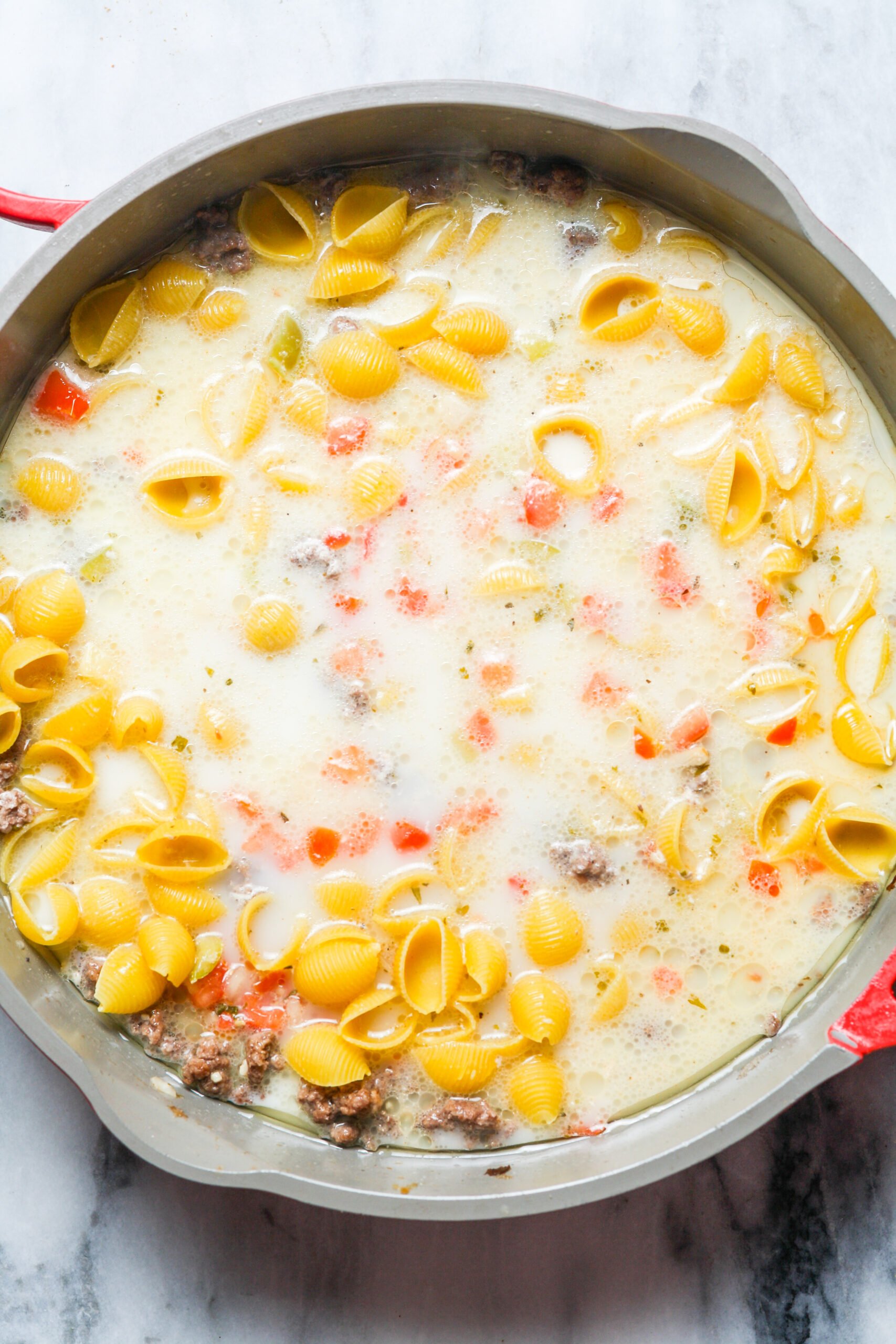 Creamy pasta with beef.