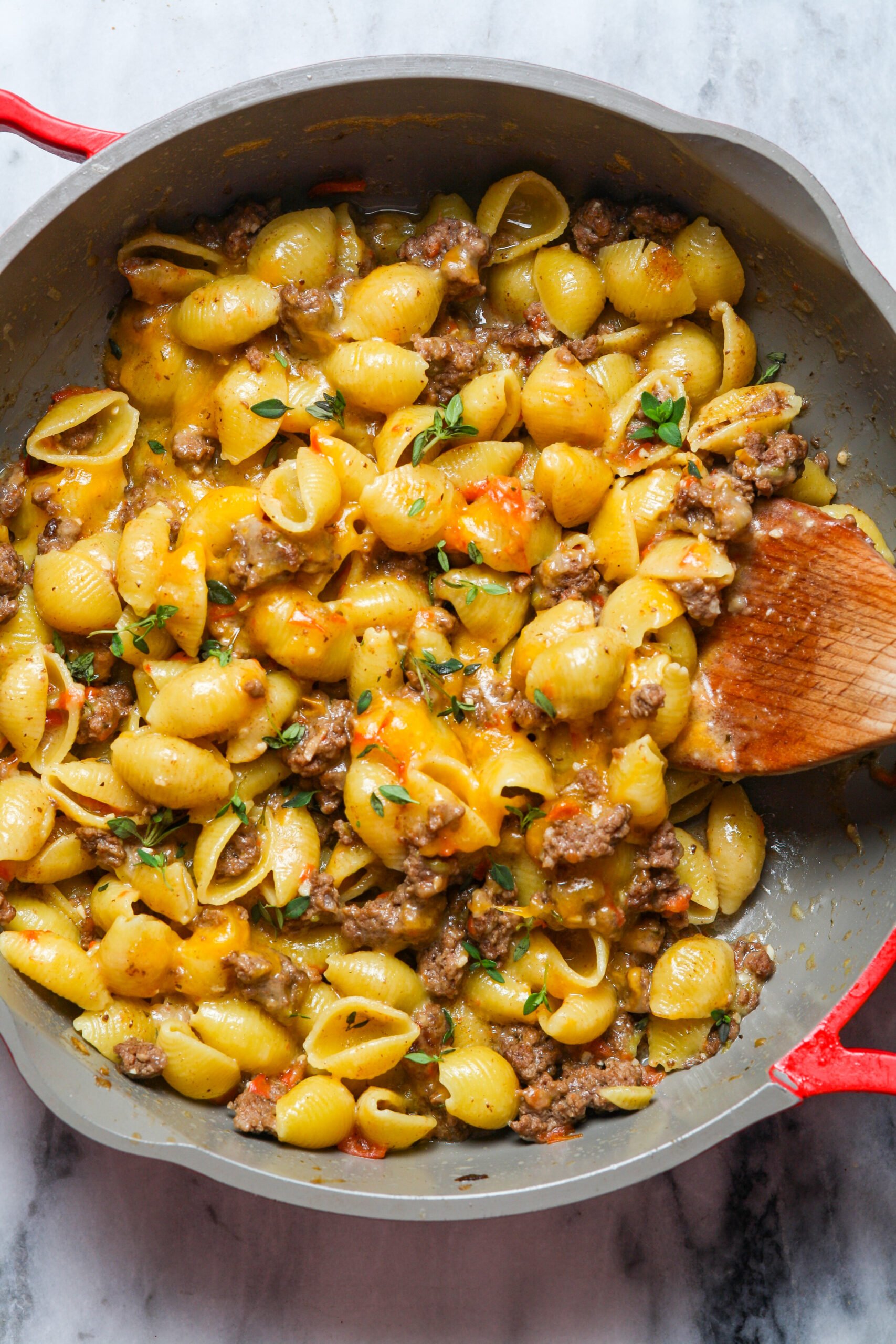 Skillet with taco pasta.
